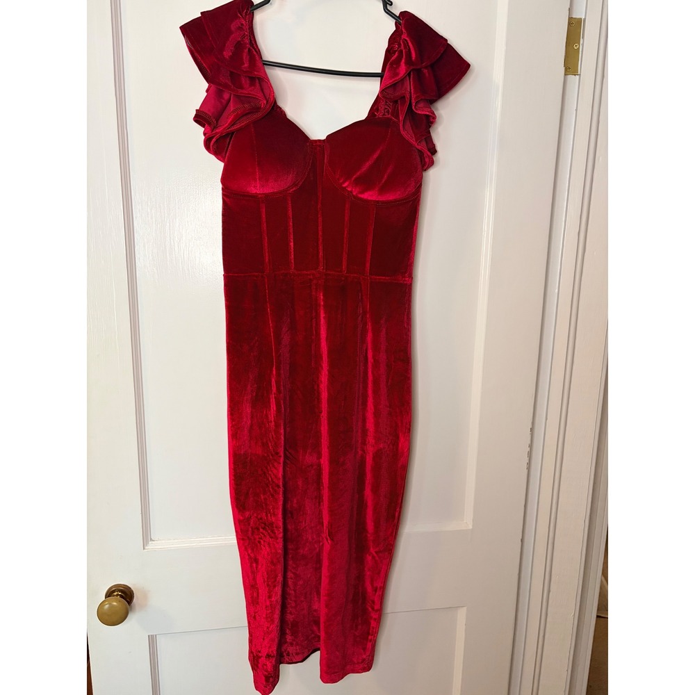 Boohoo Red Velvet Ruffle Sleeve Corset Midi Dress GZZ30210 Womens Size 8 NEW